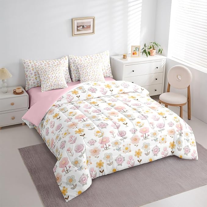 Feelyou Cute Flower 7 Piece Bedding Set Yellow Pink Floral Comforter Set with Sheets for Kids Boys Girls Romantic Blossom Bed in a Bag Cartoon Style Bed Set Soft Lightweight