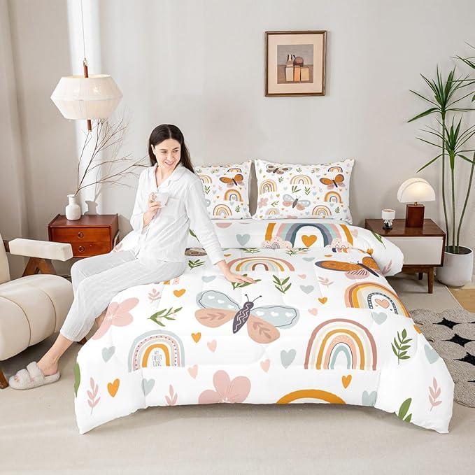Boho Rainbow Comforter Set King Size Cute Butterfly Bedding Set 3Pcs for Kids Girls Boys Adult Room Decor Cartoon Love Heart Palm Leaves Quilt Set Animals Botanical Duvet Insert,2 Pillowcase