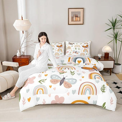 Boho Rainbow Comforter Set King Size Cute Butterfly Bedding Set 3Pcs for Kids Girls Boys Adult Room Decor Cartoon Love Heart Palm Leaves Quilt Set Animals Botanical Duvet Insert,2 Pillowcase