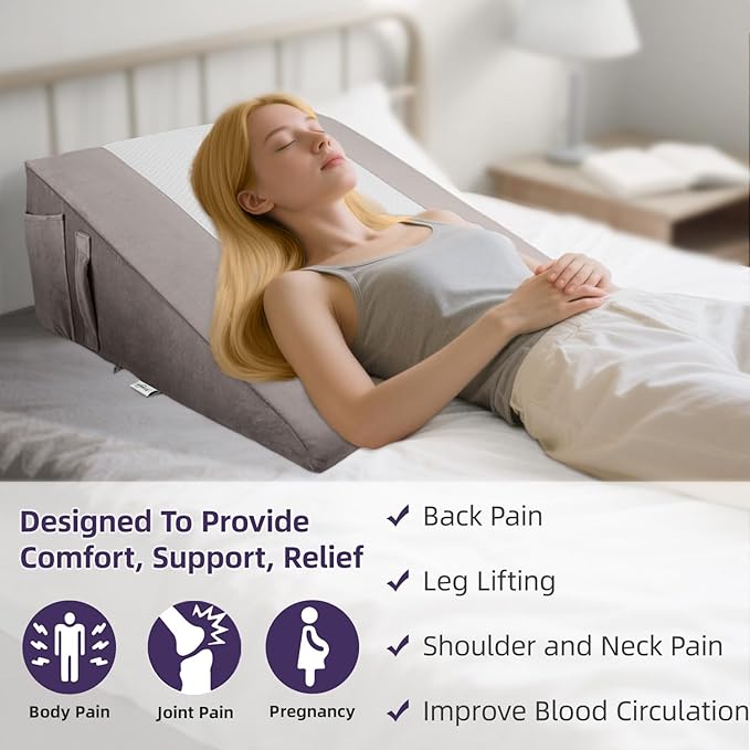 Memory Foam Bed Wedge Pillow (10"x24"x24") - Acid Reflux & Back Pain Relief, Anti-Snoring Incline Design, Removable Washable Cover for Sleep & Post-Surgery Support