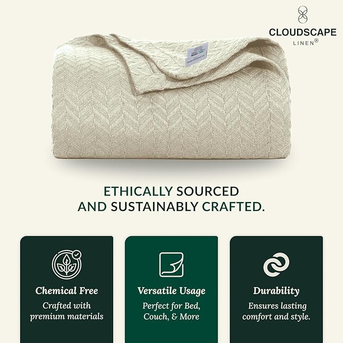 Cloud Scape Linen Herringbone Cotton Twin Blanket for Couch, Bed,Sofa, Home Decor, Soft, Weighted, All-Season, Winter Bed Blanket, Best Gift Idea, 68 x92, Fog