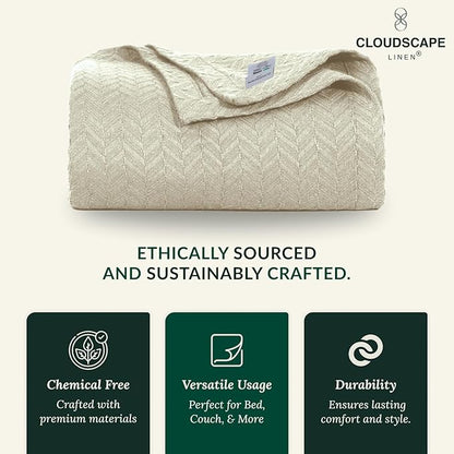 Cloud Scape Linen 100% Cotton Blanket King Size for Bed – Heavy & Soft, All Season, Winter Layering Blanket, Herringbone Weave, Best Gift for Christmas, fits Up to Cal King, 92x108, Fog