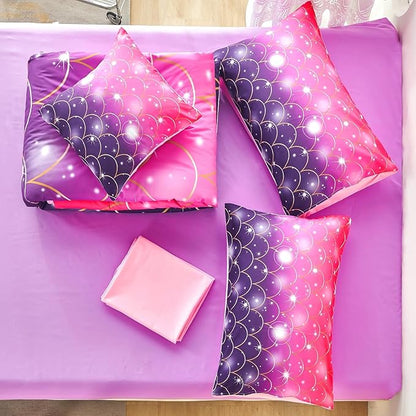 URBONUR 6Pcs Gradient Glitter Comforter Set Queen Size for Girls Sparkle Mermaid Pink Purple Bed in A Bag Soft & Breathable Kids Teen Queen Bedding Set
