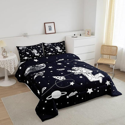 Feelyou Solar System Comforter Set King Size Outer Space Comforter for Kids Teens Adults Universe Planets Bedding Set Cute Astronaut Blue White Duvet Set Room Decor 3Pcs with 2 Pillow Case