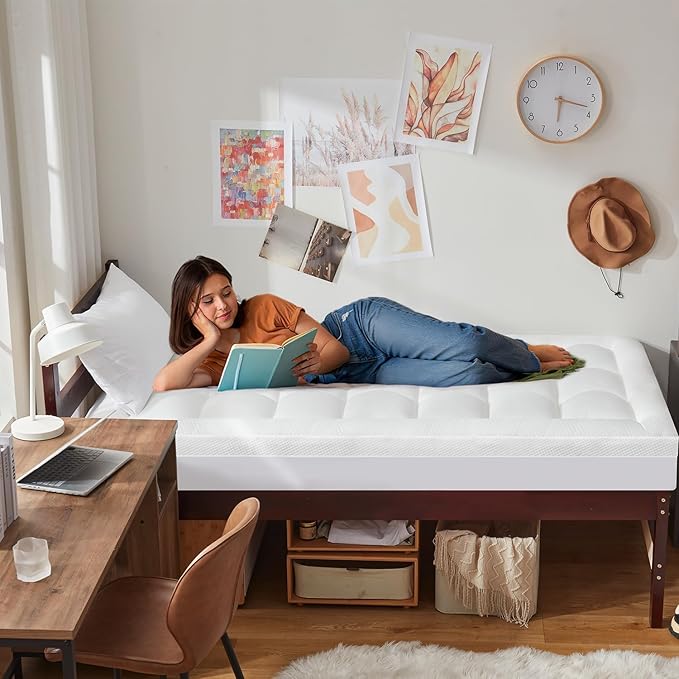 ELEMUSE 3 Inch Cooling Memory Foam Mattress Topper Twin XL, College Dorm Room Essentials, 2 Inch Pressure-Relief Memory Foam and 1 Inch Thick Soft Viscose Made from Bamboo Pillow Top for Hot Sleepers