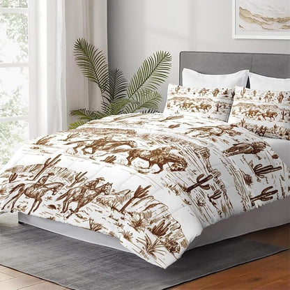 King Size Comforter Set with 2 Pillowcase, American Desert Cowboy Soft 3 Pcs Bedding for Kids and Adults, Western Vintage Horse Comforter Set for Room Bedroom Bed Decor