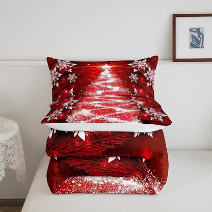 Feelyou Christmas Tree Comforter Set for Children Kids Boys Girls Luxury Chic Xmas Theme Bedding Set Glitter Snowflake Star Comforter Microfiber Red Duvet Set Room Decor Quilt Set Full Size