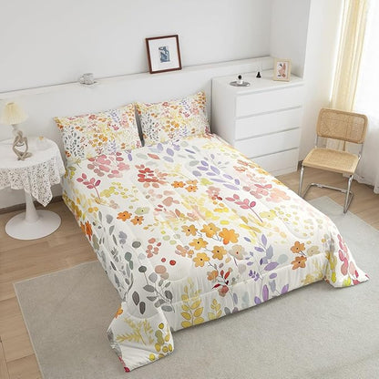 Erosebridal Boho Floral Queen Comforter Set for Kids Girls Women,Cute Colorful Flowers Bedding Set Rustic Country Home Decor,Bohemian Wild Flower Quilt Bed Set Watercolor Bed Comforter Set 3Pcs