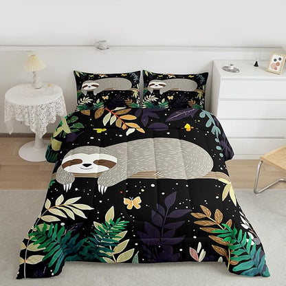 Feelyou Sloth Comforter Cute Sloth Bedding Set for Kids Boys Girls Galaxy Butterfly Comforter Set Botanical Leaves Inner Fill Duvet Set 1 Comforter Set with 2 Pillowcases King Size