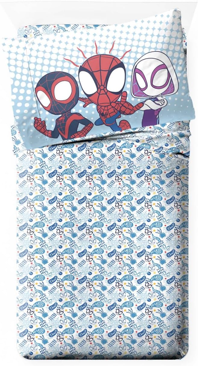 Jay Franco Kids Comforter Set Includes Sheets and Pillow Covers - Soft and Cozy Bed Set for Stylish Room Decor, Light Blue - Spidey & His Amazing Friends, 4 Piece Toddler