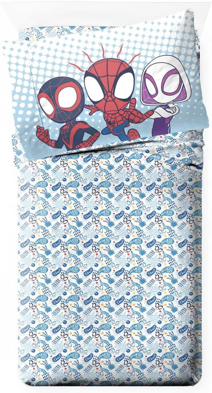 Jay Franco Kids Comforter Set Includes Sheets and Pillow Covers - Soft and Cozy Bed Set for Stylish Room Decor, Light Blue - Spidey & His Amazing Friends, 4 Piece Toddler