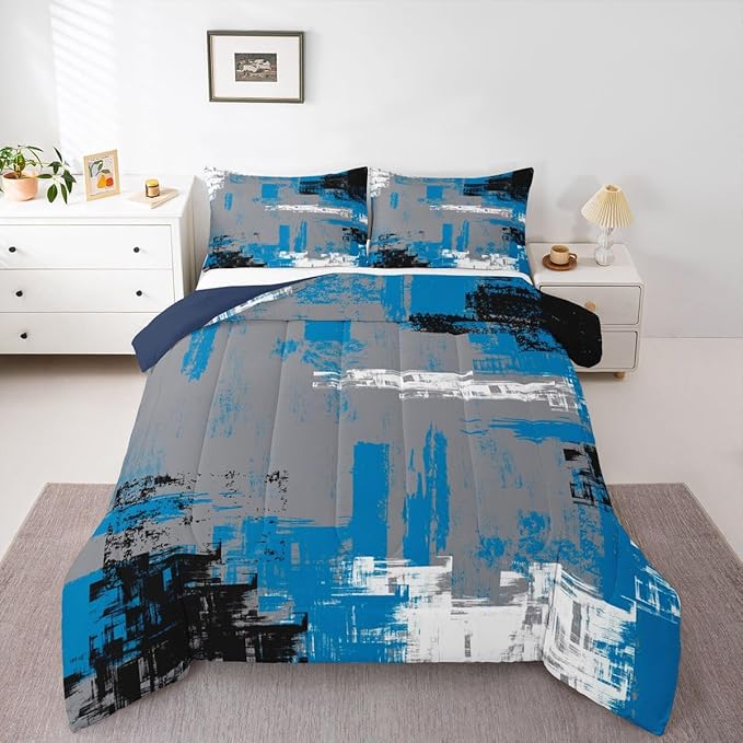 Feelyou Abstract Bedding Set Kids Modern Abstract Art Comforter Set Blue Grey Black Comforter for Boys Room Decor Lightweight Retro Duvet Set Full Size with 2 Pillow Case