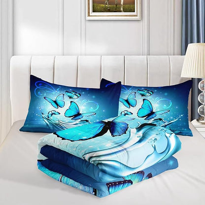 Fantasy Blue Butterfly Comforter Set King Size,Butterflies on Water Flash Bedding Sets 3 Pieces,Blue Series Aesthetic Bedding for Kids Girls Boys Room Decor with 2 Pillowcases.