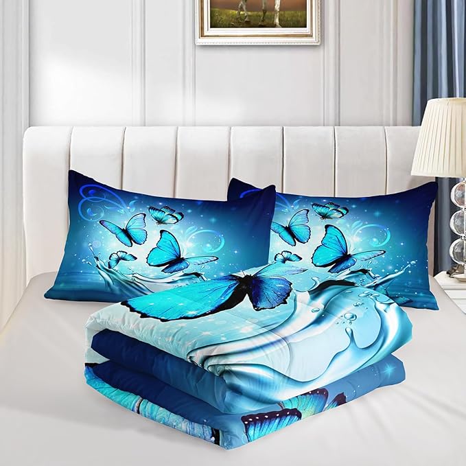 Fantasy Blue Butterfly Comforter Set Full Size,Butterflies on Water Flash Bedding Sets 3 Pieces,Blue Series Aesthetic Bedding for Kids Girls Boys Room Decor with 2 Pillowcases.