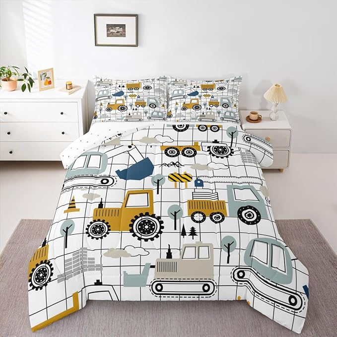 Feelyou Construction Comforter Set Queen Size Kids Excavator Tractor Toddler Comforter Cartoon Car Equipment Trucks Plaid Grid Comforter Set Construction Vehicles WhiteDuvet Set Quilt Set