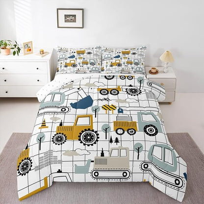 Feelyou Construction Comforter Set Twin Size Kids Excavator Tractor Toddler Comforter Cartoon Car Equipment Trucks Plaid Grid Comforter Set Construction Vehicles WhiteDuvet Set Quilt Set