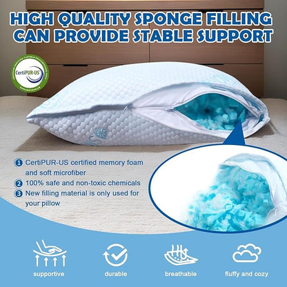 Shredded Foam Pillow Standard Size - Cooling Memory Foam Pillows That Stay Cold Soft Pillow for Sleeping, Adjustable Bed Pillow for Side, Back, and Stomach Sleepers