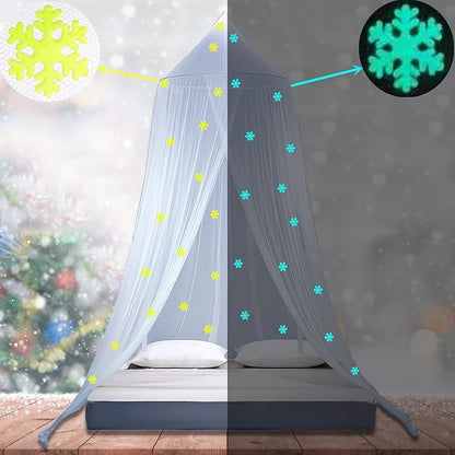 Eimilaly Princess Bed Canopy Glow in The Dark, Christmas Snowflakes Bed Canopy for Girls Room Decor, Encrypted Fabric, Pink