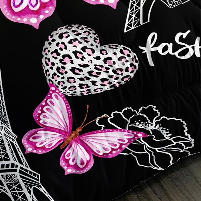 Pink Butterfly Comforter King Bedding Sets for Girls, Eiffel Tower Leopard Heart Pattern Bedding Sets with 2 Pillowcases,Aesthetic Bedding for Women Girls Bedroom Paris Decor.