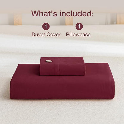 JELLYMONI Cotton Duvet Cover Twin Size - Burgundy Comforter Cover with Button 100% Washed Cotton 2PCS Breathable Soft Solid Bedding Set Duvet Cover 68×90in & 1 Pillowcase (NO Comforter)