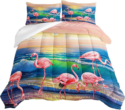 HOSIMA Flamingos Comforter Full Size,Pink Wild Flamingo Bedding Tropical Beach Room Decor,Seaside Home Decor Hawaiian Vacation Style Bedding for Girls Kids with 2 Pillow Cases.