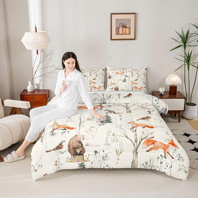 Kids Cute Animals Comforter Set King Size Cartoon Bear Fox and Rabbit Bedding Set 3Pcs for Girls Boys Adult Room Decor Foggy Tree Jungle Plants Quilt Set Hunt Adventure Duvet Insert,Beige