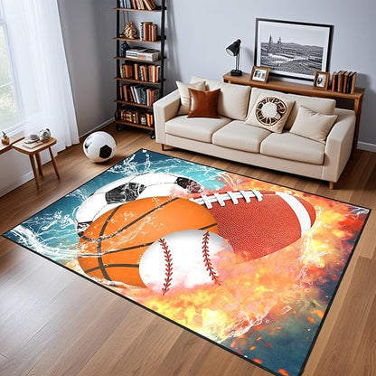 Basketball Rug for Boys Bedroom Kids Football Carpet Water Fire Sports Rugs for Boys Bedroom Baseball, Soccer Rug for Playroom Living Room Decor Sofa Mat, 4.5x6 Feet