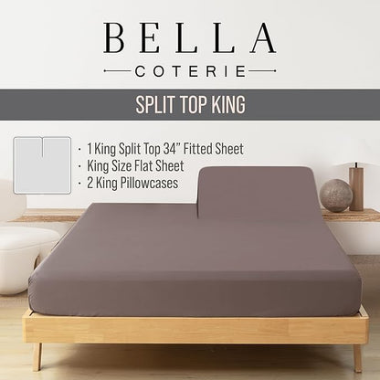 Bella Coterie Luxury Bamboo Viscose 34” Split Top King Size Sheet Set | 1 Fitted Sheet for Sleep Number & Adjustable Beds | 100% Organically Grown | Cooling & Soft | 18” Deep Pocket [Mocha]