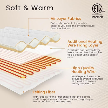 Electric Heated Mattress Pad Twin Size Single Control Bed Warmer, Deep Pocket, Side Storage Pouch for Controller, Machine Washable, 3D Air Layer Fabric, 39"x75", Grey