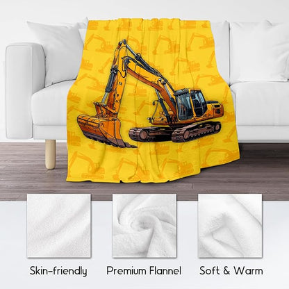 Toddler Blankets for Boys, Cozy Soft Excavator Throw Gifts for Kids, Yellow Flannel Construction Blankets for Couch Sofa, 40x50 Inches