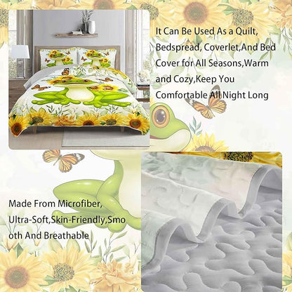 AILONEN Soft Quilt Set Twin Size,Sunflower Frog Bedspread Coverlet with 2 Pillowcases,3-Piece Yellow Green Lightweight Bed Cover