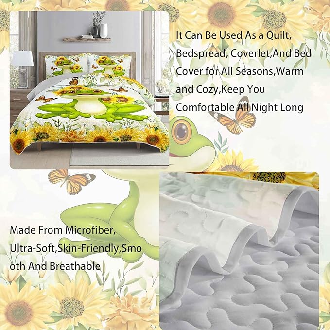 AILONEN Soft Quilt Set Full Size,Sunflower Frog Bedspread Coverlet with 2 Pillowcases,3-Piece Yellow Green Lightweight Bed Cover