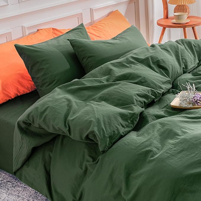 NEXHOME PRO Duvet Cover Set Super King Size, Linen Look Textured Organic Natural 100% Washed Cotton Duvet Cover Forest Green 3 Pieces Bedding Set with Zipper, Breathable(108"x98", No Comforter)