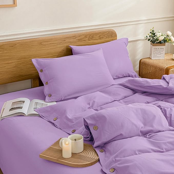 JELLYMONI Cotton Duvet Cover Queen Size - Light Purple Comforter Cover with Button 100% Washed Cotton 3PCS Breathable Soft Solid Bedding Set Duvet Cover 90×90in & 2 Pillowcases (NO Comforter)