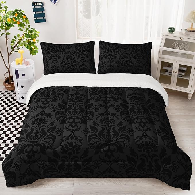 QOOMO Bohemian Exotic Sherpa Comforter, Adults Black Damask Plush Warm Fall Winter Bedding Comforter Sets, Antique Victorian Baroque Sherpa Full/Queen Comforter Set, 3 Piece Set