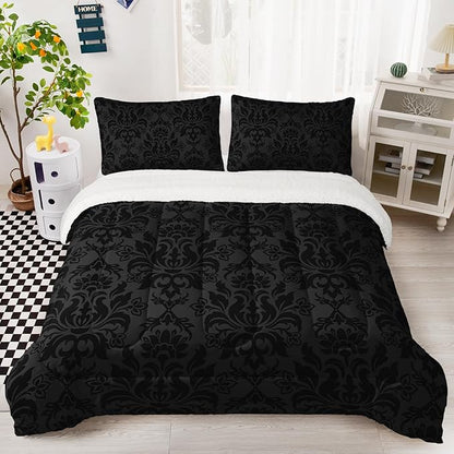 QOOMO Bohemian Exotic Sherpa Comforter, Adults Black Damask Plush Warm Fall Winter Bedding Comforter Sets, Antique Victorian Baroque Sherpa Full/Queen Comforter Set, 3 Piece Set
