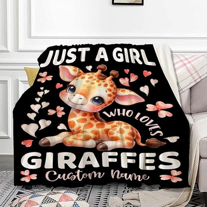 Giraffe Custom Blanket with Name Throw Blanket for Girls Just A Girl Who Loves Giraffe Gifts for Women Soft Comfortable for Bedding Couch Camping Traveling 30x40inches