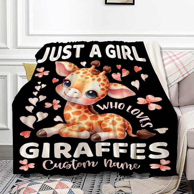 Giraffe Custom Blanket with Name Throw Blanket for Girls Just A Girl Who Loves Giraffes Gifts for Women Soft Comfortable for Bedding Couch Camping Traveling 40x50inches