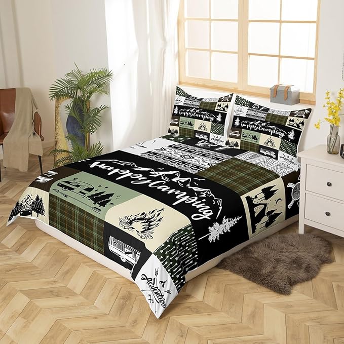 Camper Adventure Duvet Cover Queen Size,Happy Camping Plaid Travel Trailers Decor Duvet Cover Set for Children Adult,Retro Tribal Aztec Exotic Soft Comforter Cover for Bedroom, Zipper, Ties