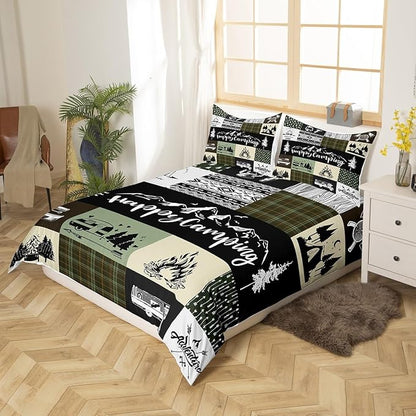 Camper Adventure Duvet Cover Queen Size,Happy Camping Plaid Travel Trailers Decor Duvet Cover Set for Children Adult,Retro Tribal Aztec Exotic Soft Comforter Cover for Bedroom, Zipper, Ties