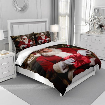 Merry Christmas Duvet Cover Set, Santa Claus Bedding Set Full Size for Boys Adults Xmas Bedroom Decor Duvet Cover Set Sets, Red