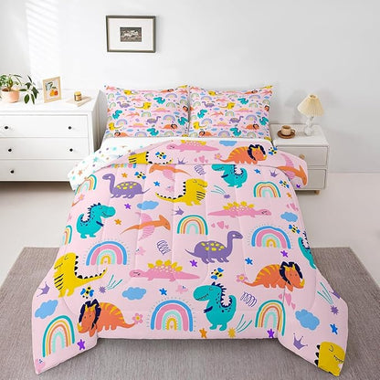 Feelyou Girls Pink Dinosaur Toddler Bedding Sets Twin Size Purple Green Dinosaurs Comforter Set Cute Cartoon Dino Rainbow Down Comforter Quilt Kids Room Decor Reversible Stars Bed Set for All Seasons