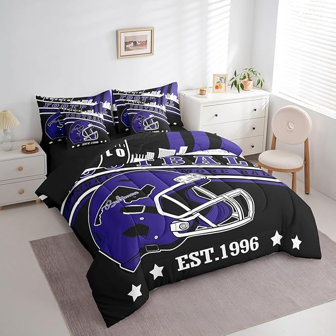 Erosebridal 3D Football Helmets Kids Comforter Set Queen Size Sports City Bedding, Rugby Decor Football Seasonal Comforter + Flat Sheet + Fitted Sheet + 2 Pillowcases + 2 Throw Pillow Covers