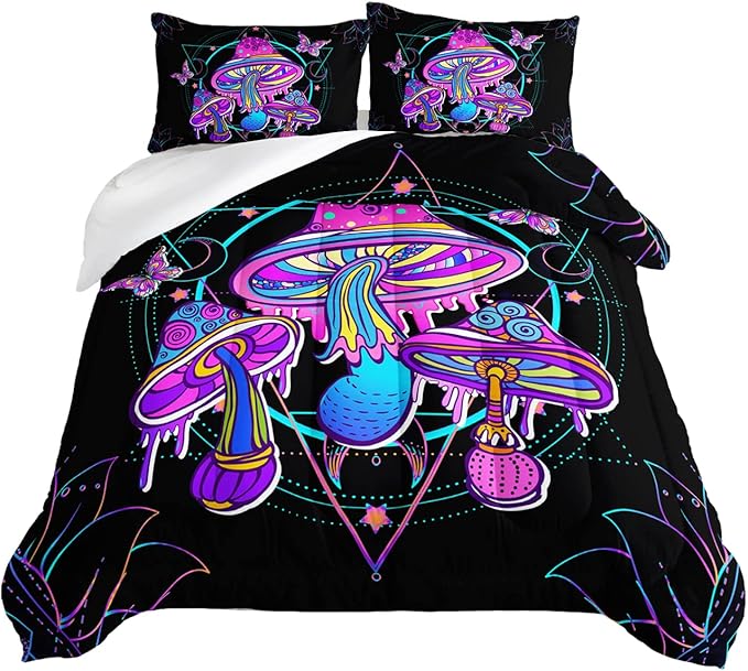 HOSIMA Mushroom Bedding Comforter Sets, Forest Fungi Plant Theme Cartoon Butterfly Mushroom Decor Toddler Comforter Set,Magic Hexagram Black King Size Comforter with 2 Pillowcases.