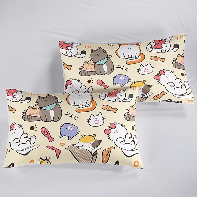 QOOMO Kawaii Cat Comforter Queen,Kawaii Animals Comforter Set for Kids Teens Girls,3Pcs Bedding Set Printed Comforter with 2 Pillowcases,Down Alternative,Soft and Lightweight，Queen Size