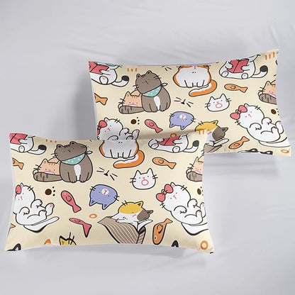 QOOMO Kawaii Cat Comforter King,Kawaii Animals Comforter Set for Kids Teens Girls,3Pcs Bedding Set Printed Comforter with 2 Pillowcases,Down Alternative,Soft and Lightweight，King Size