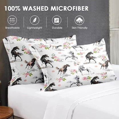 Twin Size Comforter Set with Pillowcase, Horses Soft 2 Pcs Bedding for Kids and Adults, Pink Rose Flower Comforter Set for Room Bedroom Bed Decor