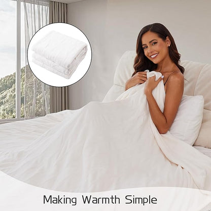 Electric Heated Blanket 90"x100" King Size, Soft Coral Fleece, Dual Controllers with 4 Heating Levels and 10 Hours Auto-Off, Machine Washable, Cozy Plush Fabric for Home, White