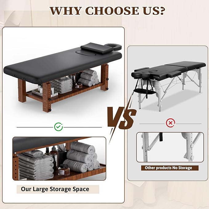 Olela Wood Adjustable Massage Table, Stationary Massage Tables with Adjustable Height Legs & Storage, Esthetician Bed with C-Shaped Pillow & PU Leather for Spa, Massage, Physical Therapy, Treatment