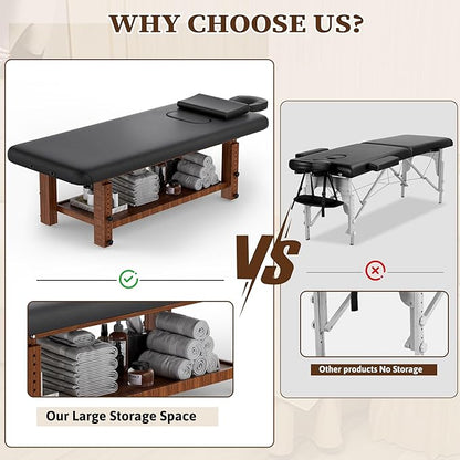 Olela Wood Adjustable Massage Table, Stationary Massage Tables with Adjustable Height Legs & Storage, Esthetician Bed with C-Shaped Pillow & PU Leather for Spa, Massage, Physical Therapy, Treatment